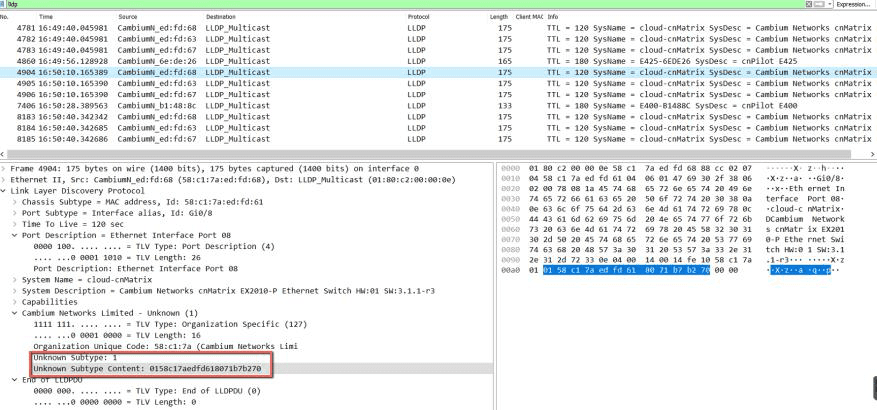 LLDP packet capture from the cnMatrix switch showing the Cambium-specific authentication TLV.