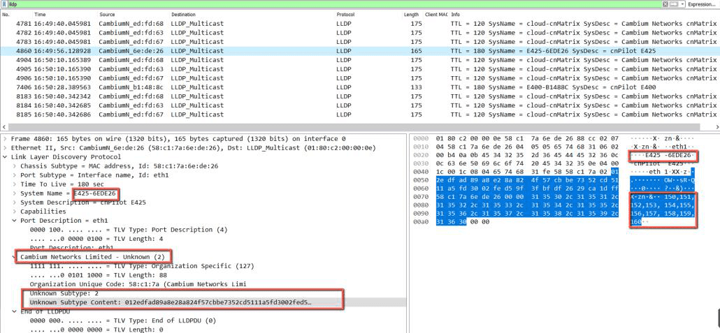 LLDP packet capture from the cnPilot AP showing the device setting TLV and VLAN list.
