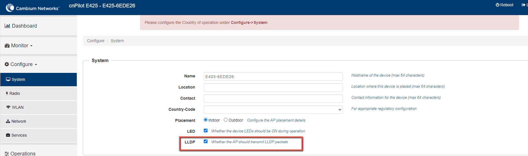 cnPilot AP system settings showing LLDP enabled.