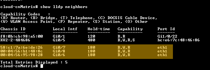 CLI output for show lldp neighbors confirming directly connected devices.