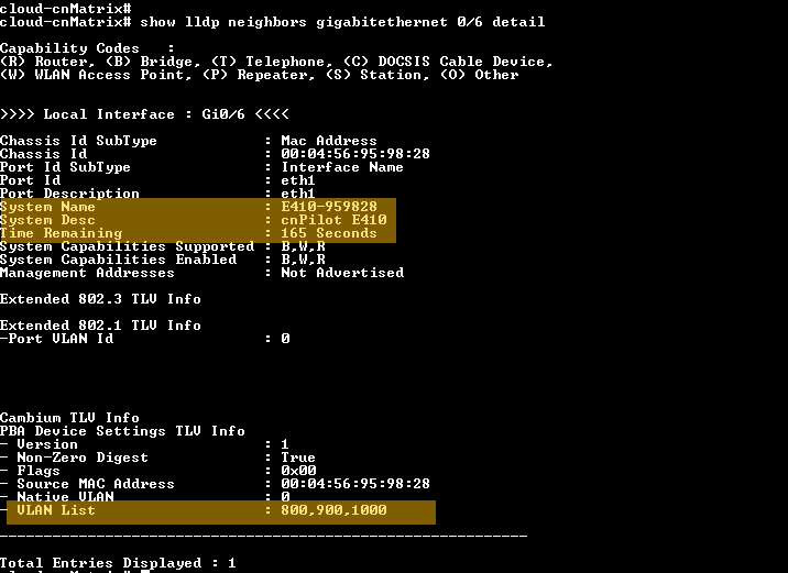 CLI LLDP neighbour detail output showing learned VLAN list from a connected AP.