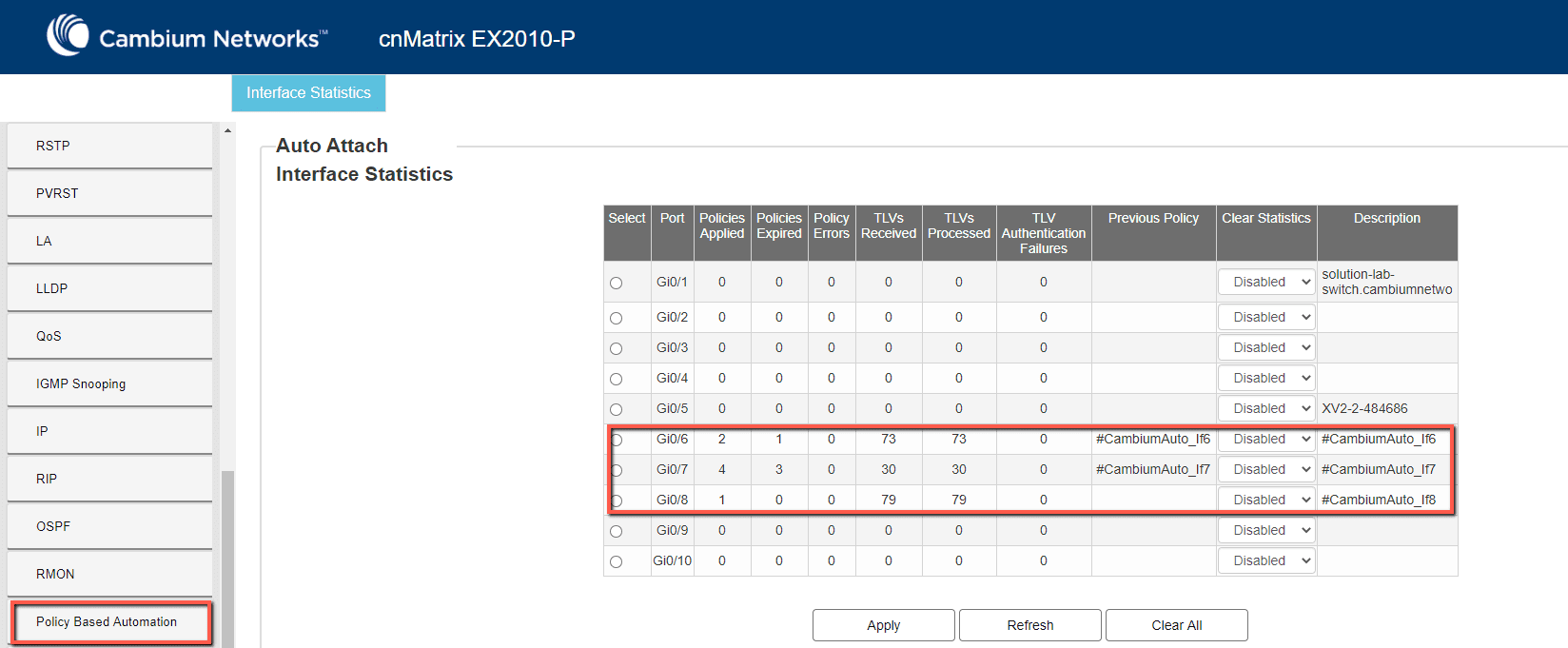 cnMatrix GUI Auto Attach interface statistics showing generated policies attached to ports.