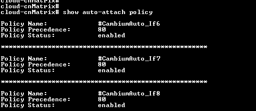 CLI output for show auto-attach policy showing generated policy names and status.