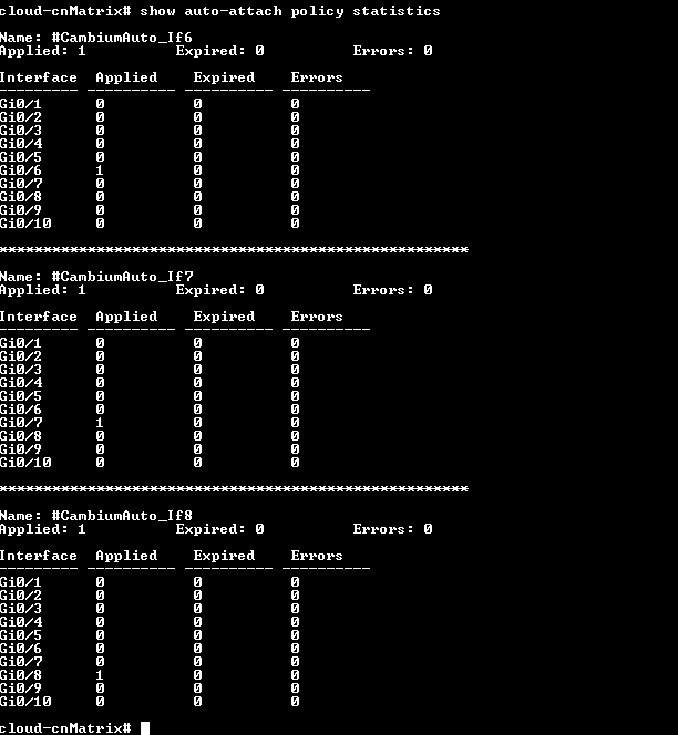 CLI output for show auto-attach policy statistics showing applied, expired and error counters.