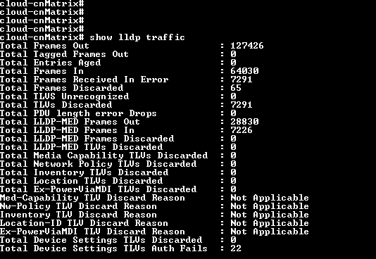 CLI output for show lldp traffic showing global LLDP counters and device settings TLV authentication failures.