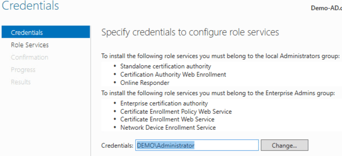 AD CS configuration credentials page using a domain administrator account.