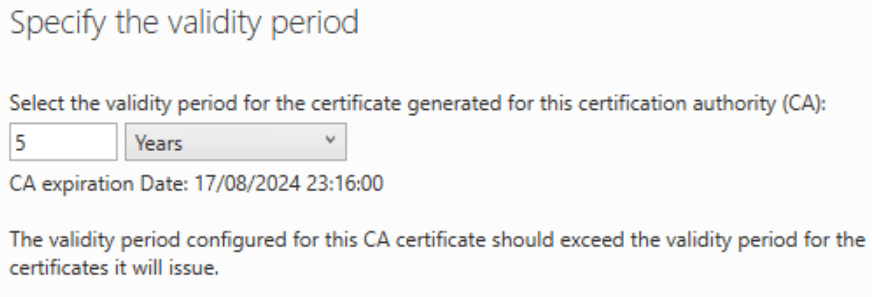 Root Certification Authority validity period configuration screen.