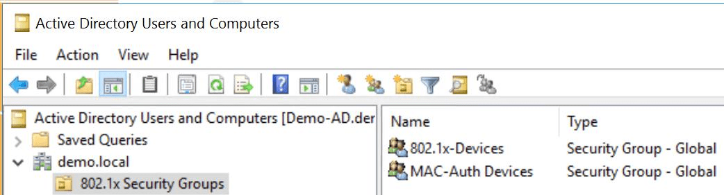 Active Directory showing security groups for 802.1X devices and MAC authentication devices.