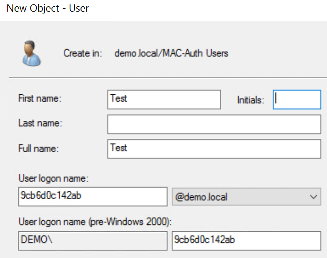 Active Directory new user wizard with a MAC address used as the logon name.