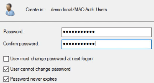 MAC authentication user password options showing password never expires and user cannot change password.