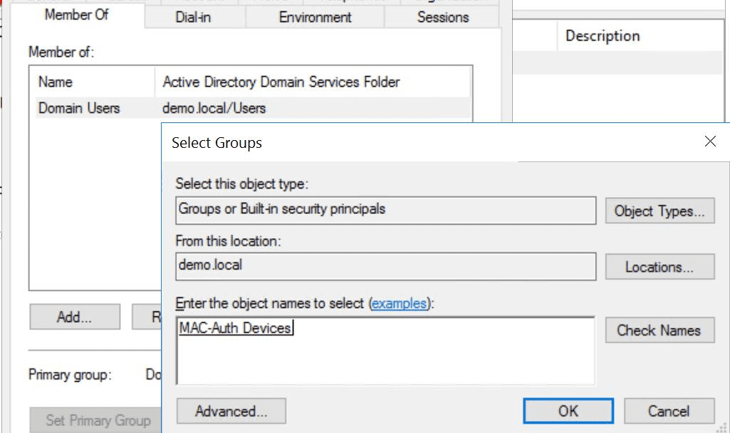 Active Directory user membership screen adding the MAC authentication security group.