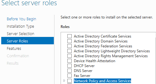Windows Server role selection showing Network Policy and Access Services.