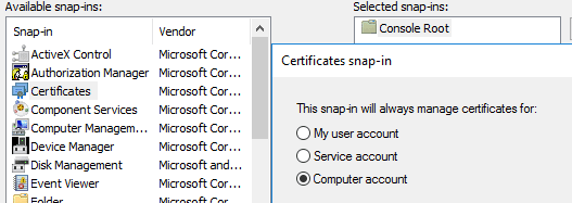 Microsoft Management Console showing Certificates snap-in selection.