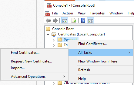 Certificates local computer personal store with Request New Certificate menu option.