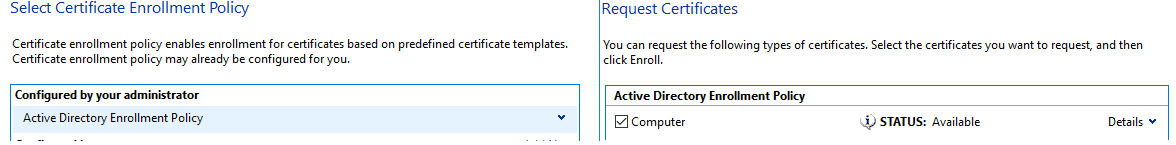 Certificate enrolment wizard using Active Directory Enrolment Policy and Computer certificate.