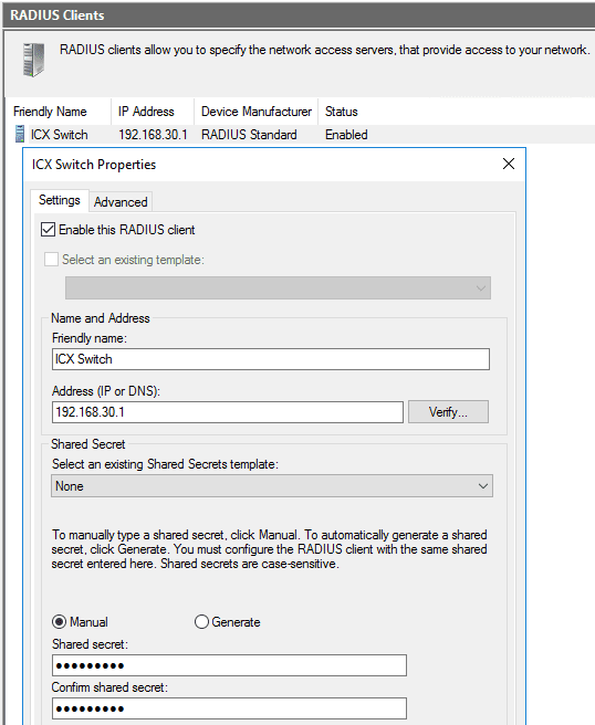 NPS RADIUS client properties for an ICX switch including IP address and shared secret.