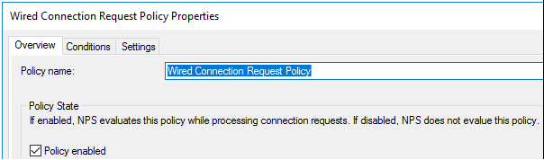 NPS wired connection request policy overview screen.
