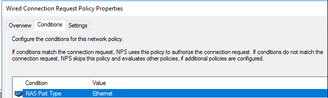 NPS connection request policy conditions showing NAS Port Type set to Ethernet.
