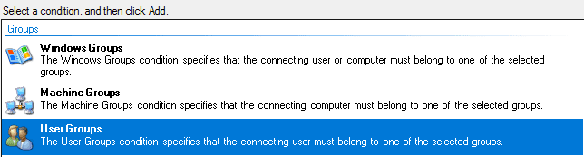 NPS condition selection showing User Groups for MAC authentication.
