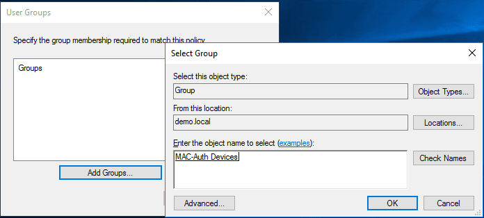 NPS user group selection showing the MAC-Auth Devices security group.