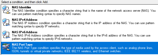 NPS NAS Port Type condition selection with Ethernet selected.