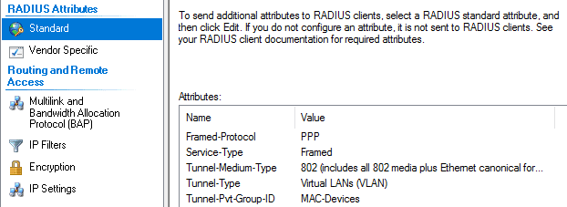 RADIUS standard attributes showing Tunnel-Pvt-Group-ID for VLAN assignment.