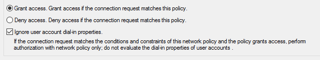 NPS policy overview with ignore user account dial-in properties selected.