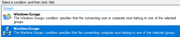 NPS condition selection showing Machine Groups for 802.1X authentication.