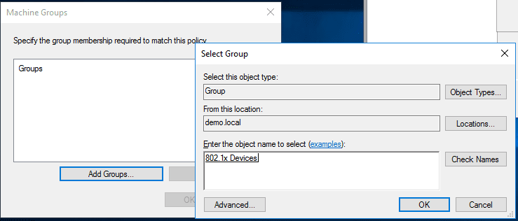 NPS machine group selection for 802.1X devices.