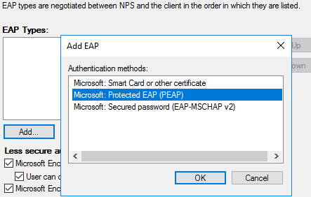 NPS EAP type selection showing Microsoft Protected EAP PEAP.