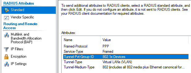 NPS RADIUS attribute Tunnel-Pvt-Group-ID for 802.1X devices VLAN assignment.