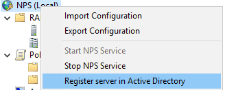 NPS console menu showing Register server in Active Directory.