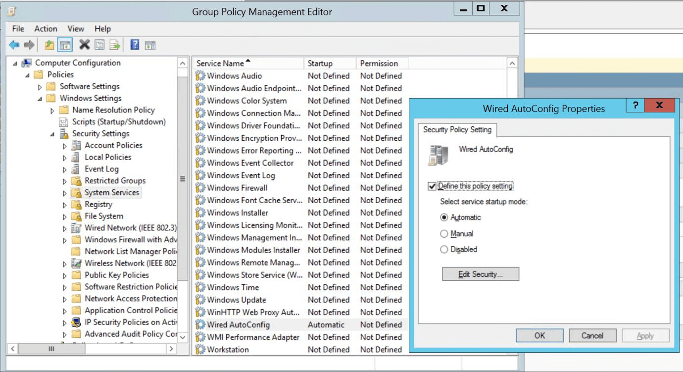 Group Policy Management Editor enabling the Wired AutoConfig service.