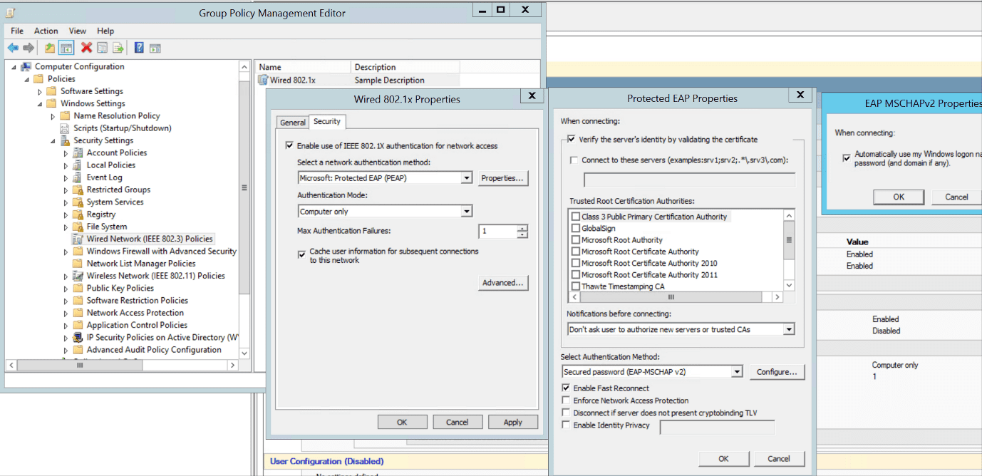 Group Policy wired network IEEE 802.3 policy settings for 802.1X authentication.