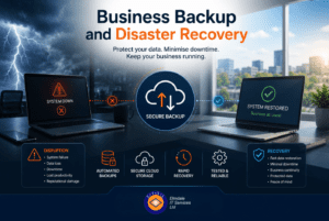 Business backup and disaster recovery graphic: secure cloud backups, automated restore, rapid recovery, minimize downtime.