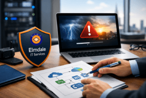 Elmdale IT Services planning cloud backup and disaster recovery as laptop shows storm alert—IT security and data protection.