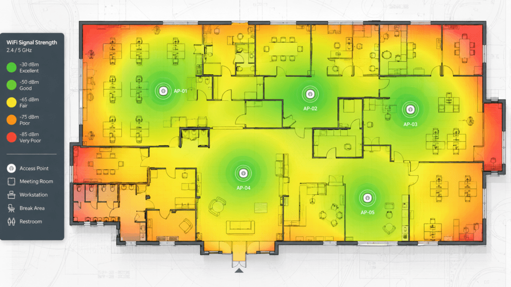 Wireless Surveys & WiFi Heatmaps | Ekahau WiFi Survey Services | Elmdale IT | Elmdale IT Services Ltd Wi-Fi coverage heatmap floor plan