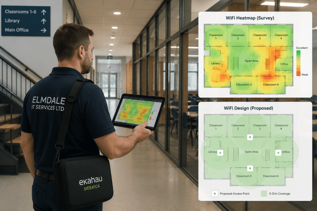 Wireless Surveys & WiFi Heatmaps | Ekahau WiFi Survey Services | Elmdale IT | Elmdale IT Services Ltd Wi-Fi survey in modern office setting