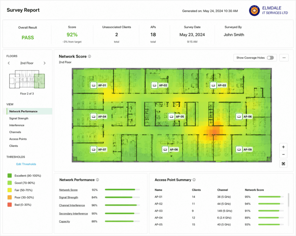 Wireless Surveys & WiFi Heatmaps | Ekahau WiFi Survey Services | Elmdale IT | Elmdale IT Services Ltd Survey report dashboard with heatmap layout