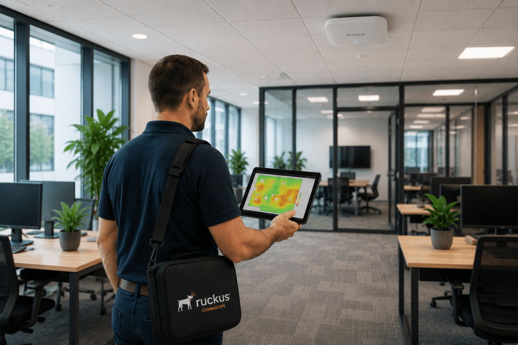 Wireless Surveys & WiFi Heatmaps | Ekahau WiFi Survey Services | Elmdale IT | Elmdale IT Services Ltd Modern office with tech worker and tablet