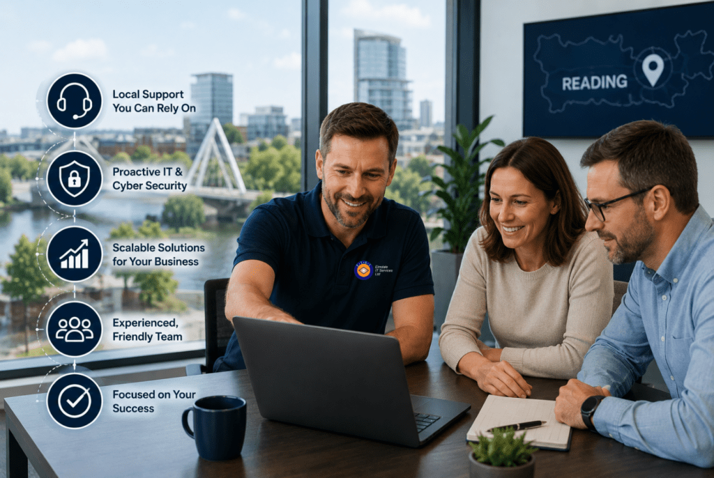 IT support team meeting with clients in Reading office, discussing proactive cyber security and scalable business solutions.