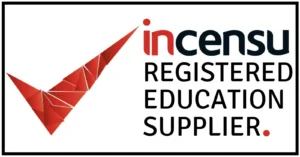 Incensu Registered Education Supplier accreditation badge with red geometric check mark logo.