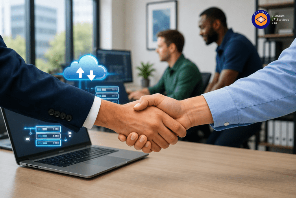 Business handshake over laptop with cloud computing icons, team collaborating on managed IT services and data migration.
