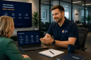 Elmdale IT Services consultant advising client, presenting strategy roadmap on laptop in modern office meeting.