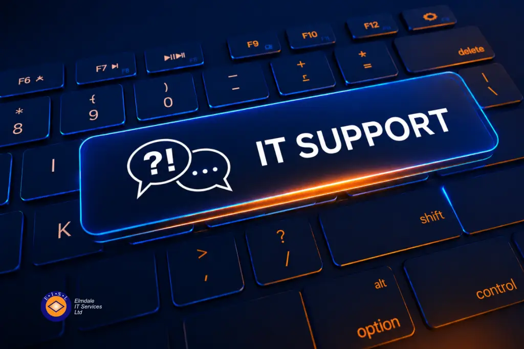 IT support key on laptop keyboard with chat bubbles, tech help desk and troubleshooting concept