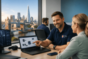 IT consultant pointing to workflow on laptop in London office with Tower Bridge and the Shard skyline in background