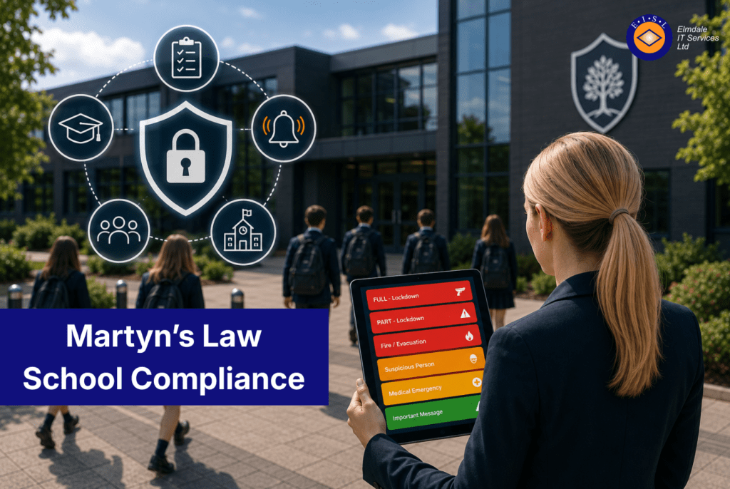 Martyn’s Law UK school security compliance: staff using lockdown alert tablet as students enter campus