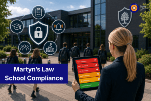 Martyn’s Law UK school security compliance: staff using lockdown alert tablet as students enter campus