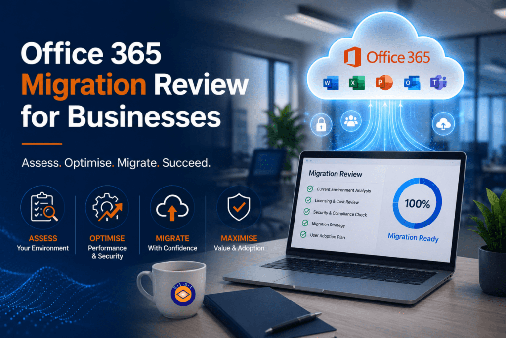 Office 365 migration review banner with cloud app icons and laptop showing 100% migration ready for businesses.