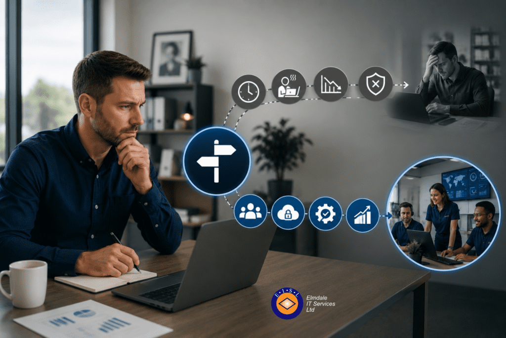 Business owner choosing managed IT support: cloud security, teamwork, and growth with Elmdale IT Services.